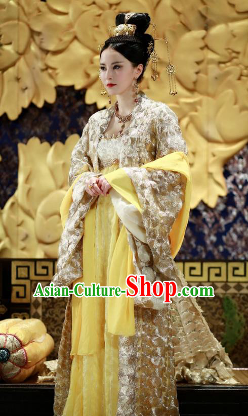 Traditional Ancient Chinese Imperial Consort Costume, Elegant Hanfu Clothing Chinese Tang Dynasty Imperial Empress Tailing Embroidered Dress for Women