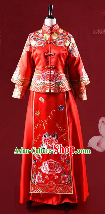 Traditional Chinese Wedding Costume XiuHe Suit Clothing Dragon and Phoenix Flown Bottom Drawer, Ancient Chinese Bride Embroidered Cheongsam Dress for Women