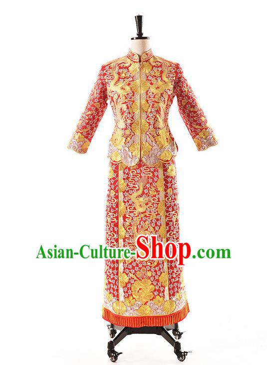 Traditional Chinese Wedding Costume XiuHe Suit Clothing Dragon and Phoenix Flown Bottom Drawer, Ancient Chinese Bride Hand Embroidered Cheongsam Dress for Women