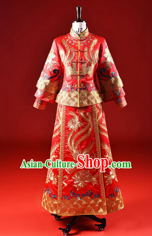 Traditional Chinese Wedding Costume XiuHe Suit Clothing Dragon and Phoenix Flown Wedding Dress, Ancient Chinese Bride Hand Embroidered Phoenix Cheongsam Dress for Women