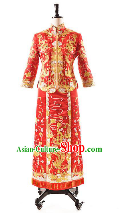 Traditional Chinese Wedding Costume XiuHe Suit Clothing Longfeng Flown Wedding Dress, Ancient Chinese Bride Hand Embroidered Phoenix Cheongsam Dress for Women