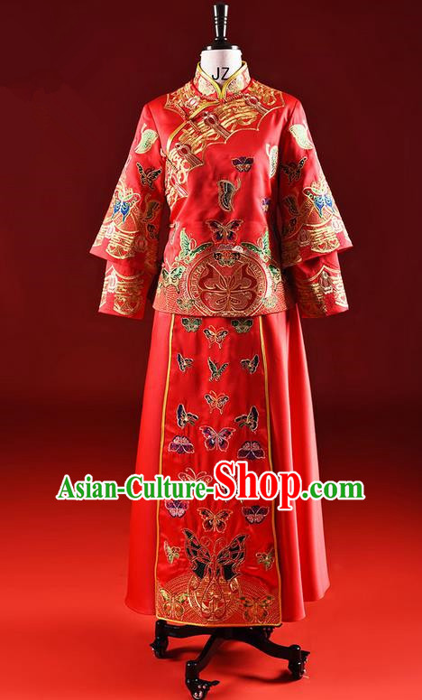 Traditional Chinese Wedding Costume XiuHe Suit Clothing Longfeng Flown Wedding Dress, Ancient Chinese Bride Hand Embroidered Butterfly Cheongsam Dress for Women