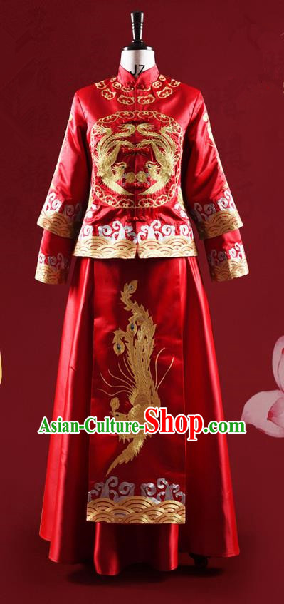 Traditional Chinese Wedding Costume XiuHe Suit Clothing Longfeng Flown Wedding Dress, Ancient Chinese Bride Hand Embroidered Phoenix Cheongsam Dress for Women