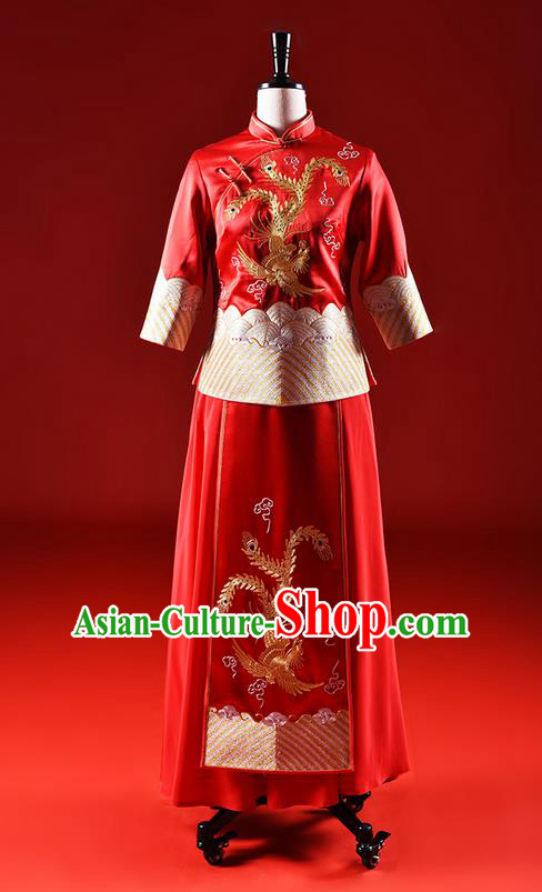 Traditional Chinese Wedding Costume XiuHe Suit Clothing Dragon and Phoenix Wedding Red Full Dress, Ancient Chinese Bride Hand Embroidered Cheongsam Dress for Women