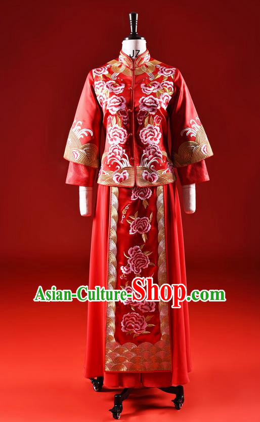 Traditional Chinese Wedding Costume XiuHe Suit Clothing Dragon and Phoenix Wedding Red Full Dress, Ancient Chinese Bride Hand Embroidered Peony Cheongsam Dress for Women