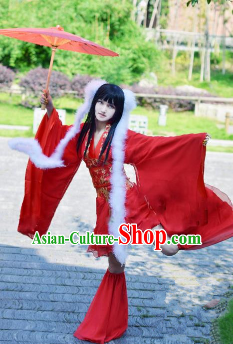 Traditional Chinese Cartoon Peri Costume, Chinese Ancient Hanfu Young Lady Red Dress Clothing for Women