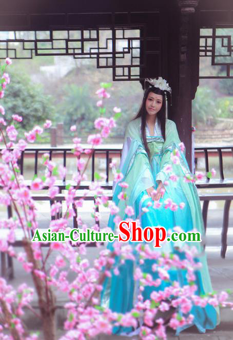 Traditional Chinese Cosplay Nobility Lady Costume, Chinese Ancient Hanfu Tang Dynasty Imperial Princess Blue Slip Dress Clothing for Women