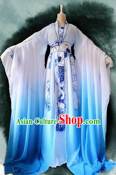 Traditional Chinese Cosplay Nobility Lady Costume, Chinese Ancient Hanfu Han Dynasty Imperial Princess Blue Lotus Dress Clothing for Women