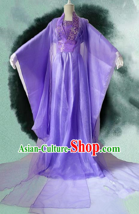 Traditional Chinese Cosplay Female Immortal Costume, Chinese Ancient Hanfu Tang Dynasty Imperial Consort Purple Dress Clothing for Women