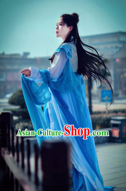 Traditional Chinese Cosplay Imperial Princess Costume, Chinese Ancient Hanfu Han Dynasty Young Lady Blue Dress Clothing for Women