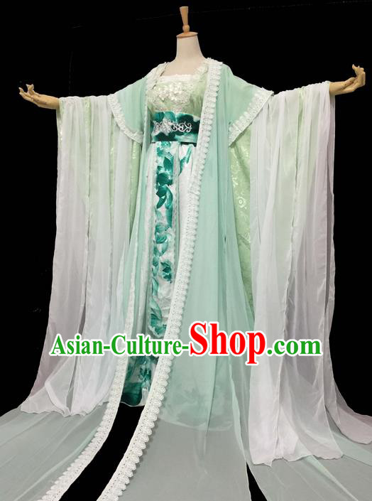 Traditional Chinese Cosplay Imperial Consort Fairy Costume, Chinese Ancient Ink Painting Plum Blossom Hanfu Tang Dynasty Princess Green Dress Clothing for Women