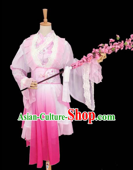 Traditional Chinese Cosplay Palace Lady Dance Fairy Costume, Chinese Ancient Ink Painting Plum Blossom Hanfu Tang Dynasty Princess Pink Dress Clothing for Women