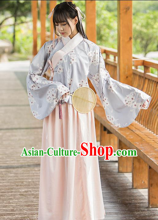 Traditional Chinese Ming Dynasty Young Lady Costume, Elegant Hanfu Clothing Blouse and Skirt, Chinese Ancient Imperial Princess Printing Wintersweet Dress for Women