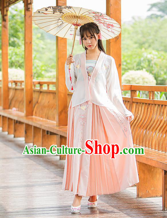 Traditional Chinese Tang Dynasty Young Lady Costume, Elegant Hanfu Clothing Embroidered Boob Tube Top Blouse and Skirt, Chinese Ancient Imperial Princess Dress for Women