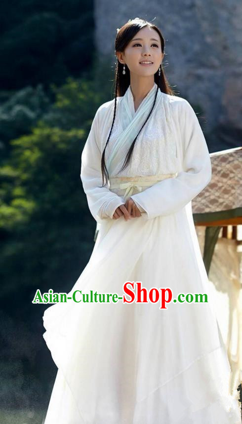Traditional Ancient Chinese Peri Costume and Headwear Complete Set, The Legend of the Condor Heroes Chinese Song Dynasty Huang Rong Hanfu White Dress Clothing for Women