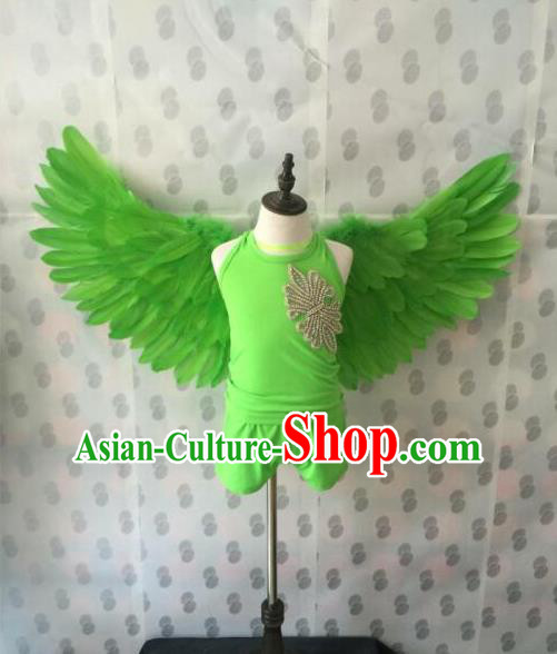 Top Grade Compere Professional Performance Catwalks Swimsuit Costume, Children Feather Formal Dress Modern Dance Fancywork Green Clothing for Boys Kids