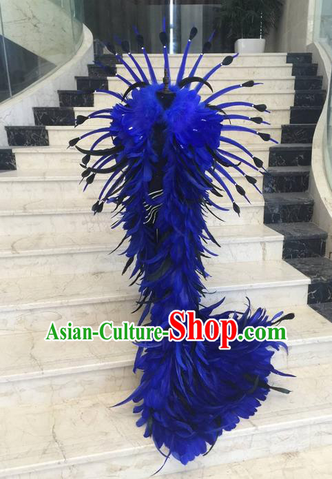 Top Grade Compere Professional Performance Catwalks Swimsuit Costume, Children Blue Feather Cloak Formal Dress Modern Dance Fancywork Trailing Clothing for Boys Kids