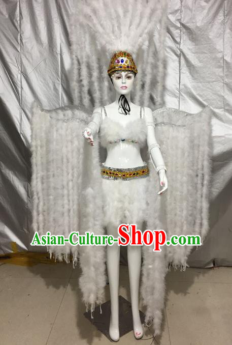 Top Grade Compere Professional Performance Catwalks Swimsuit White Costume, Children Brazilian Samba Dance Feather Formal Dress Modern Dance Fancywork Clothing for Girls Kids