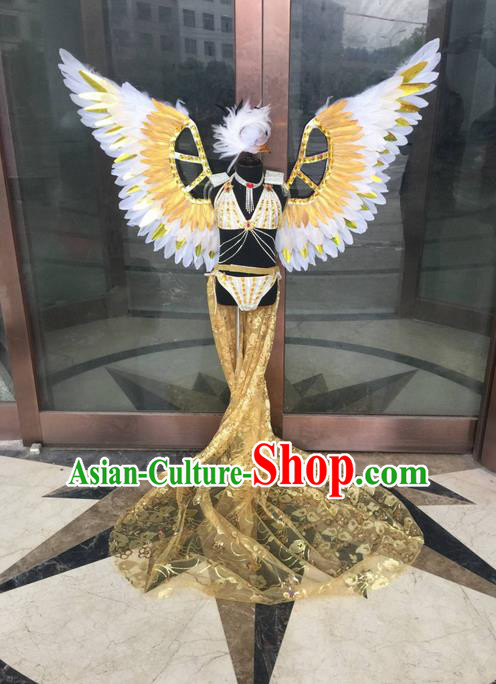 Top Grade Compere Professional Performance Catwalks Costume, Traditional Brazilian Samba Dance Rio Carnival Props Feather Wings Modern Dance Fancywork Swimsuit Clothing for Kids