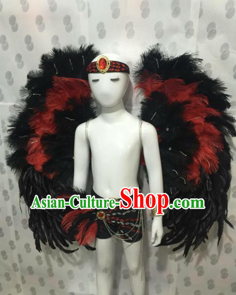 Top Grade Compere Professional Performance Catwalks Halloween Feather Costumes, Traditional Brazilian Rio Carnival Dance Fancywork Wings Swimsuit Clothing for Kids