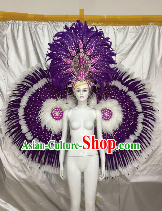 Top Grade Compere Professional Performance Catwalks Costumes Props and Headwear, Traditional Brazilian Rio Carnival Samba Opening Dance Ostrich Feather Wings Suit Fancywork Clothing for Women