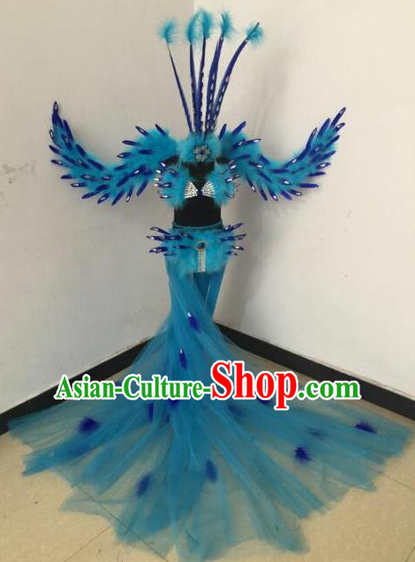 Top Grade Compere Professional Performance Catwalks Blue Feather Wings Costumes, Traditional Brazilian Rio Carnival Samba Opening Dance Props Modern Fancywork Swimsuit Clothing for Women