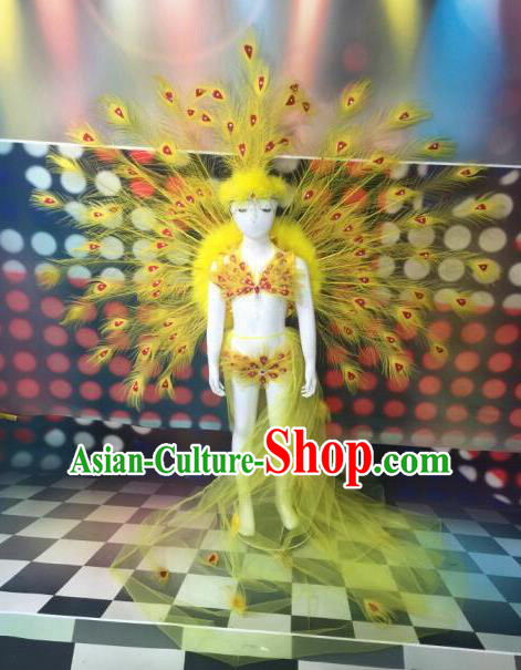 Top Grade Compere Professional Performance Catwalks Yellow Peacock Feather Costumes, Traditional Brazilian Rio Carnival Samba Opening Dance Props Modern Fancywork Swimsuit Clothing for Kids