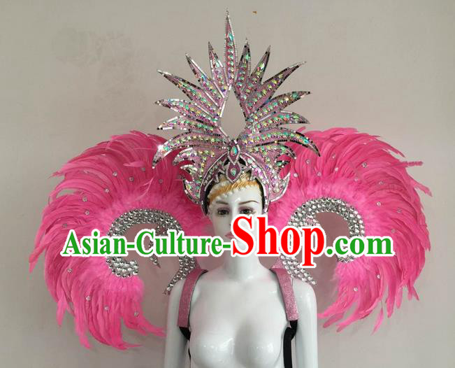 Top Grade Compere Professional Performance Catwalks Pink Feather Wings and Headpiece, Traditional Brazilian Rio Carnival Samba Opening Dance Suits Modern Fancywork Swimsuit Clothing for Women