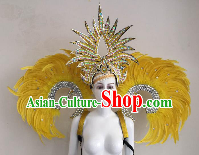 Top Grade Compere Professional Performance Catwalks Yellow Feather Wings and Headpiece, Traditional Brazilian Rio Carnival Samba Opening Dance Suits Modern Fancywork Swimsuit Clothing for Women