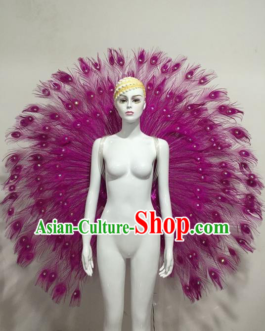 Top Grade Compere Professional Performance Catwalks Purple Feather Accessories Decorations, Traditional Brazilian Rio Carnival Samba Opening Dance Suits Modern Fancywork Swimsuit Clothing for Women