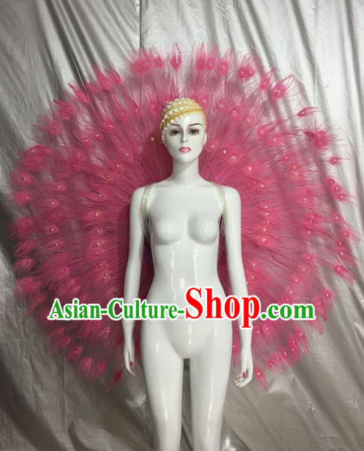 Top Grade Compere Professional Performance Catwalks Pink Feather Accessories Decorations, Traditional Brazilian Rio Carnival Samba Opening Dance Suits Modern Fancywork Swimsuit Clothing for Women
