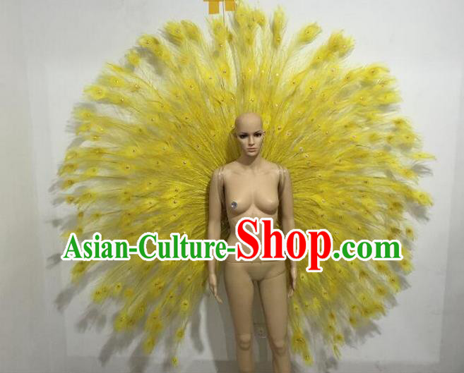 Top Grade Compere Professional Performance Catwalks Large Size Yellow Feather Accessories Decorations, Traditional Brazilian Rio Carnival Samba Opening Dance Suits Modern Fancywork Swimsuit Clothing for Women