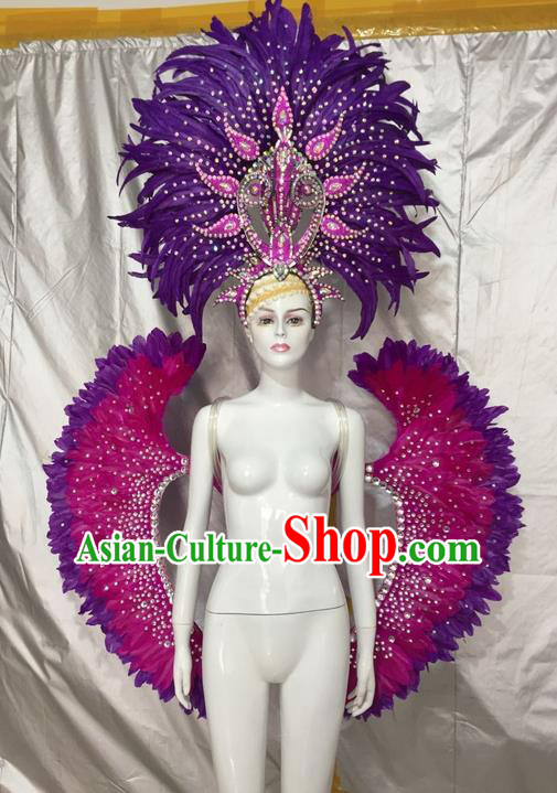 Top Grade Compere Professional Performance Catwalks Costumes and Headpiece, Traditional Brazilian Rio Carnival Samba Dance Rosy Feather Wings Suit Fancywork Clothing for Kids