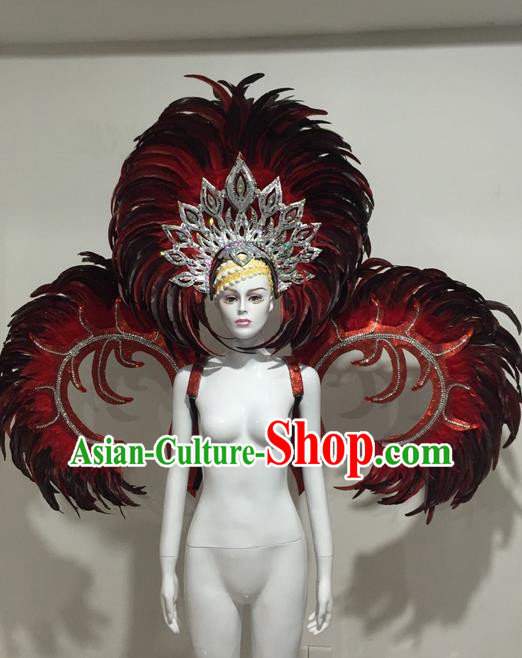 Top Grade Compere Professional Performance Catwalks Red Feather Wings Costume and Big Hair Accessories, Traditional Brazilian Rio Carnival Samba Opening Dance Suits Modern Fancywork Clothing for Women