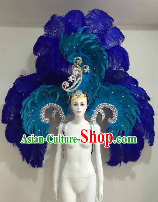 Top Grade Compere Professional Performance Catwalks Blue Feather Wings Costume and Hair Accessories, Traditional Brazilian Rio Carnival Samba Opening Dance Suits Modern Fancywork Clothing for Women