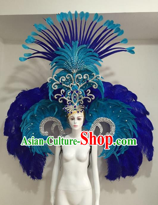 Top Grade Compere Professional Performance Catwalks Blue Feather Wings Costume and Headdress, Traditional Brazilian Rio Carnival Samba Opening Dance Suits Modern Fancywork Clothing for Women