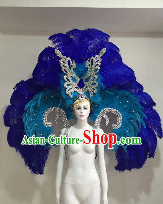 Top Grade Compere Professional Performance Catwalks Blue Feather Wings Costume and Headpiece, Traditional Brazilian Rio Carnival Samba Opening Dance Suits Modern Fancywork Clothing for Women