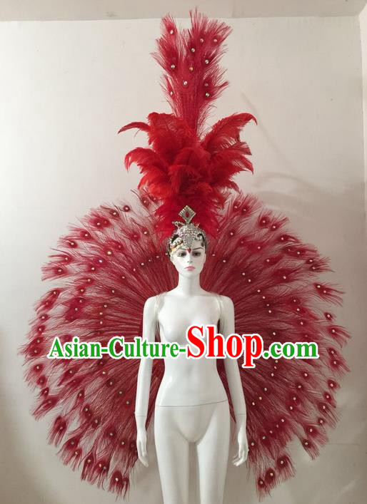Top Grade Compere Professional Performance Catwalks Red Feather Wings Costume and Headpiece, Traditional Brazilian Rio Carnival Samba Opening Dance Suits Clothing for Women
