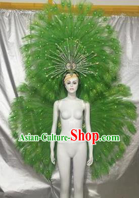 Top Grade Compere Professional Performance Catwalks Green Feather Wings Costume and Headpiece, Traditional Brazilian Rio Carnival Samba Opening Dance Suits Clothing for Women