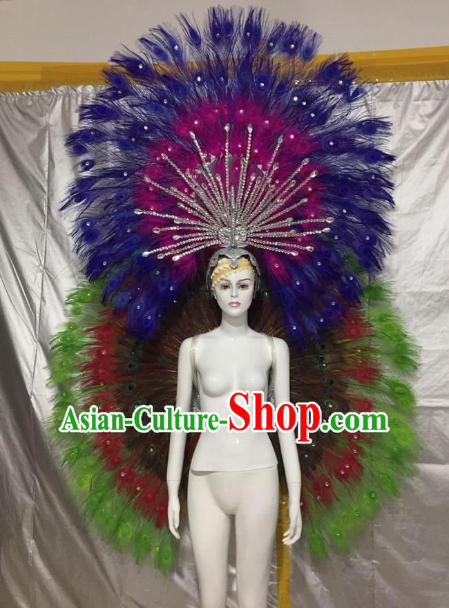 Top Grade Compere Professional Performance Catwalks Green Feather Wings Costume and Headpiece, Traditional Brazilian Rio Carnival Samba Opening Dance Suits Clothing for Women