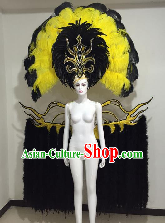 Top Grade Compere Professional Performance Catwalks Miami Feathers Deluxe Wings and Large Headpiece, Traditional Brazilian Rio Carnival Samba Opening Dance Custom-made Customized Suits Clothing for Women