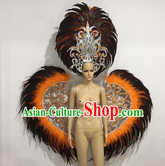 Top Grade Professional Performance Catwalks Orange Feather Wings and Headwear, Brazilian Rio Carnival Samba Opening Dance Custom-made Customized Clothing for Women