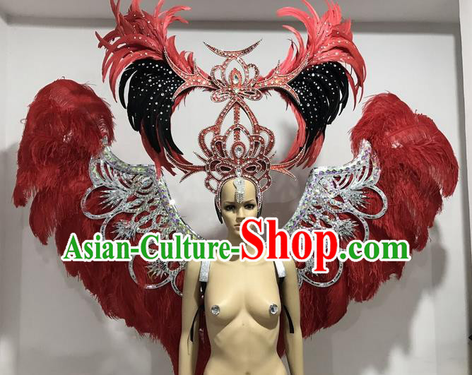 Top Grade Professional Performance Catwalks Large Size Red Feather Wings and Headwear, Brazilian Rio Carnival Samba Opening Dance Custom-made Customized Props Clothing for Women