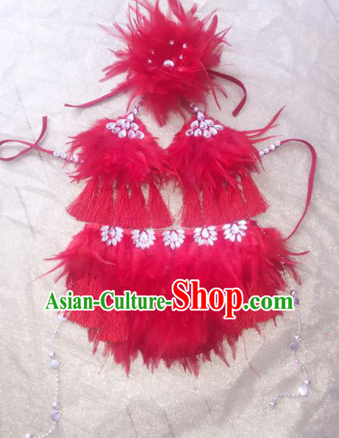 Top Grade Compere Professional Performance Catwalks Pink Swimsuit, Children Chorus Feather Formal Dress Modern Dance Modern Fancywork Dress for Kids