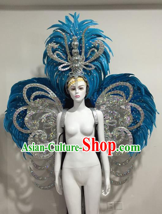 Top Grade Compere Professional Performance Catwalks Blue Feather Wings and Giant Headpiece Big Hair Accessories Decorations, Traditional Brazilian Rio Carnival Samba Opening Dance Suits Modern Fancywork Clothing for Women