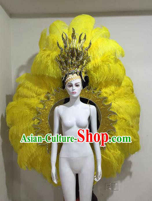 Top Grade Compere Professional Performance Catwalks Yellow Feather Wings and Headpiece Hair Accessories Decorations, Traditional Brazilian Rio Carnival Samba Opening Dance Suits Modern Fancywork Clothing for Women