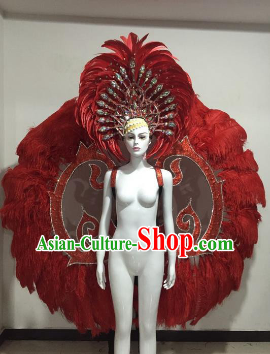 Top Grade Compere Professional Performance Catwalks Red Feather Wings Costume and Headpiece Accessories Decorations, Traditional Brazilian Rio Carnival Samba Opening Dance Suits Modern Fancywork Clothing for Women