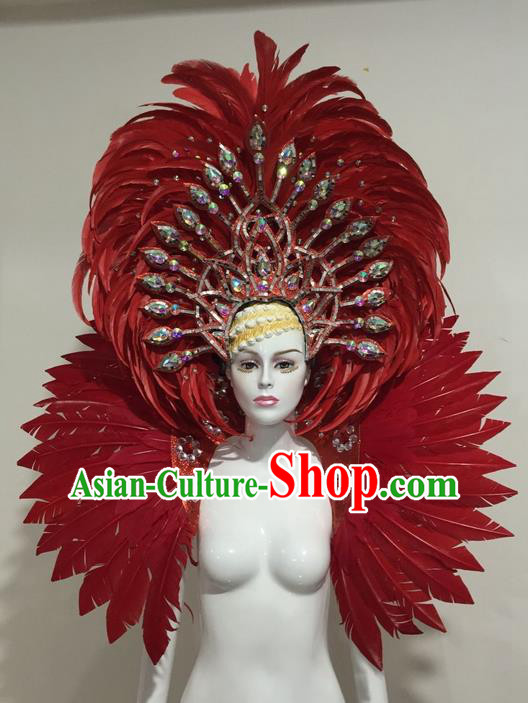 Top Grade Compere Professional Performance Catwalks Red Feather Costume and Headpiece, Traditional Brazilian Rio Carnival Samba Opening Dance Suits Modern Fancywork Clothing for Women