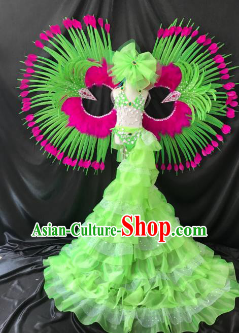 Top Grade Professional Performance Catwalks Swimsuit Costume and Headpiece, Children Modern Dance Modern Fancywork Long Trailing Green Dress for Kids