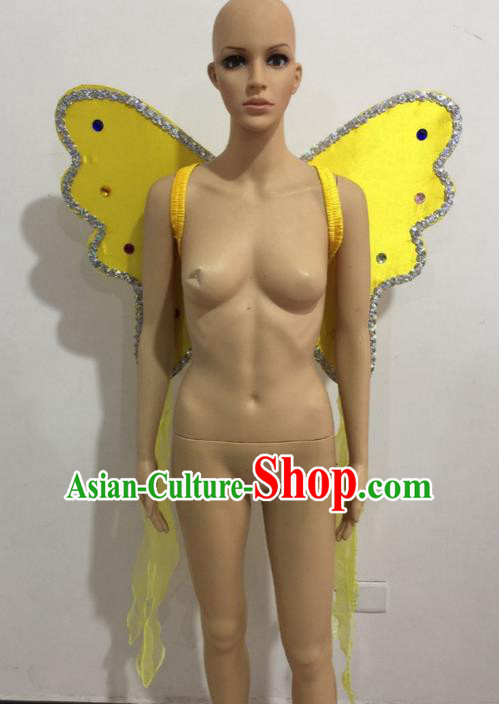 Top Grade Professional Stage Show Catwalks Halloween Yellow Butterfly Wings, Brazilian Rio Carnival Samba Opening Dance Custom-made Customized Backboard Accessories Props for Women